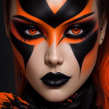Maquillage extrême en noir et orange en gros plan.