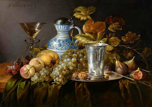 Fruitstilleven met een steengoed kan en zilveren beker, Jan Davidsz. de Heem