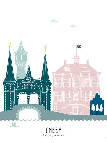 Skyline illustration city of Sneek in colour by Mevrouw Emmer