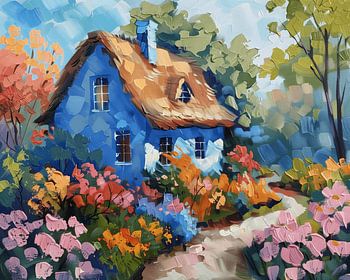 Maison bleue avec jardin