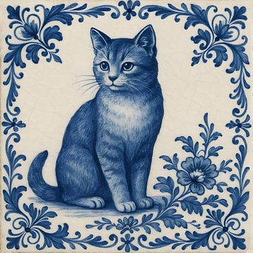 Delfter Blau Fliese Puss von FoXo Art