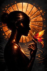 Goldene Frauensilhouette – Schmetterlings-Fantasy-Kunst von Faheem Beigh
