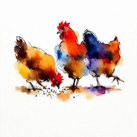Three free-range chickens (AI) (colourful, animals, playful, painting, abstract) by Natalie Bruns