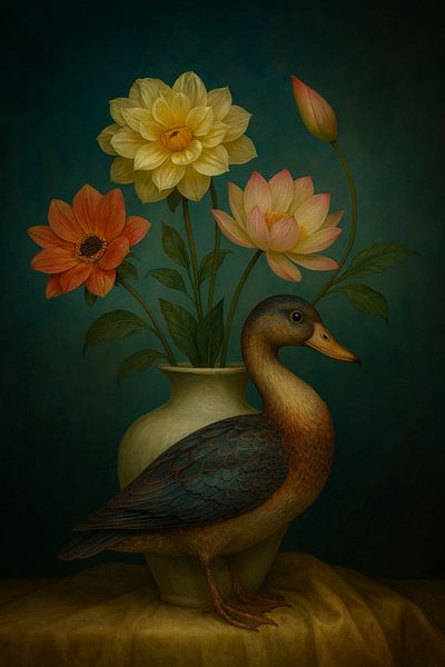 Ente und Blumen Stillleben Malerei von Kleurenrijk