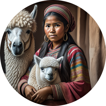Meisje met lama en schaap in Peru van Gert-Jan Siesling