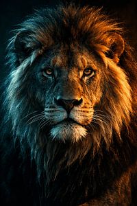 Lion sous une lumière chaude et bleue – portrait artistique luxueux au charisme intense