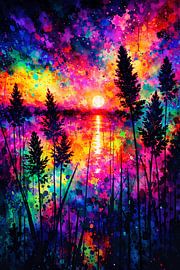 A glowing sunset by the lake in a neon splash style – an abstract nature wall mural featuring tree silhouettes by ButterflyPix