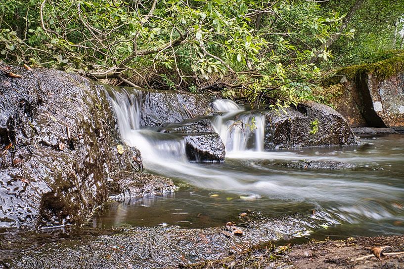 Kleine waterval in het bos met mos op stenen van Martin Köbsch