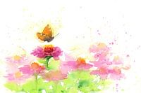 Schmetterling und pinkfarbene Zinnien Aquarellgemälde