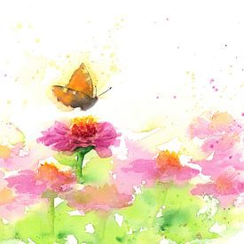 Papillon et zinnias roses aquarelle sur Karen Kaspar