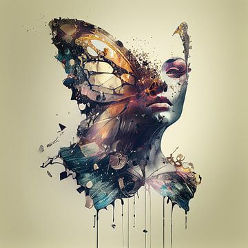 Portret van een jonge vrouw, gecombineerd met een vlinder.