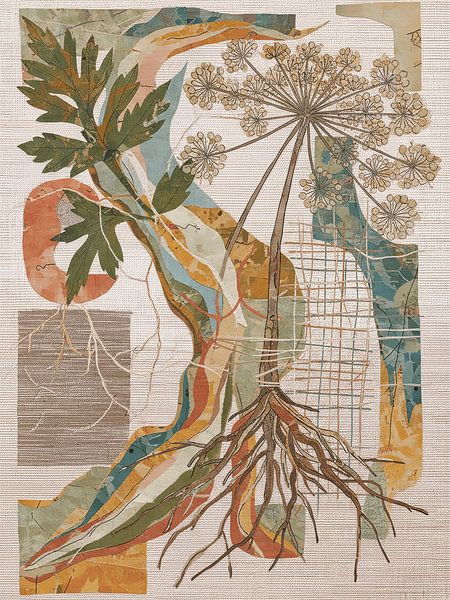 Wabi-Sabi Botanical Collage with Bear Claw on linen by Studio Pieternel