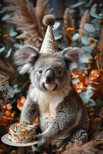 Koala Célébrant Son Anniversaire Avec Un Chapeau Et Un Gâteau Image Drôle