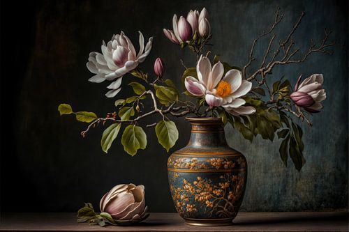 Still life with magnolia flowers.
