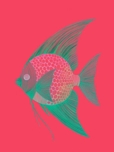 Abstract illustration of fish in deep coral pink/green