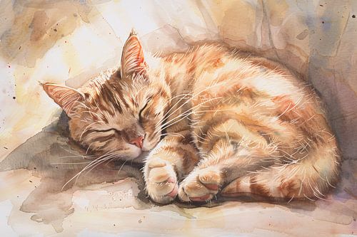 Slapende kat in zonlicht aquarel schilderij