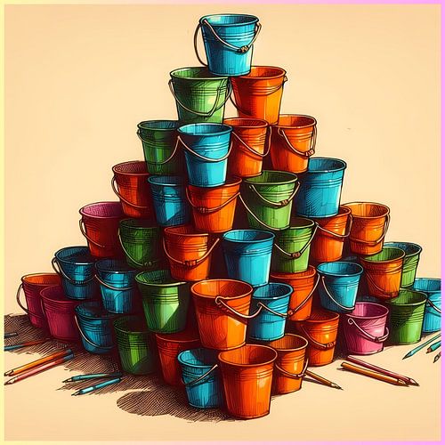 Pyramid of multicoloured buckets
