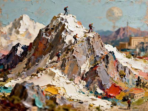 Beklimming naar de top – Dynamisch berglandschap in een olieverfschilderij met rijke textuur