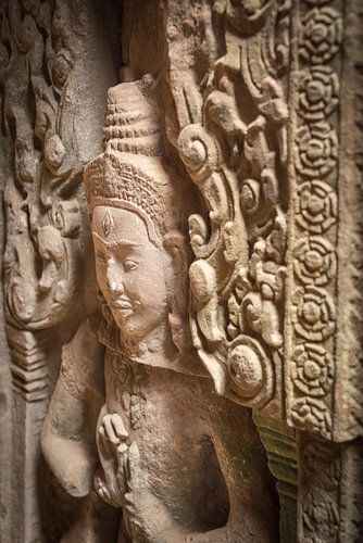Detail van een deva bij de tempel, Cambodja
