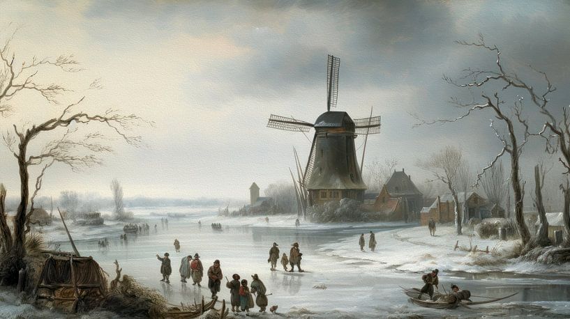 Peinture hollandaise d&#039;un paysage d&#039;hiver avec moulin à vent par Preet Lambon