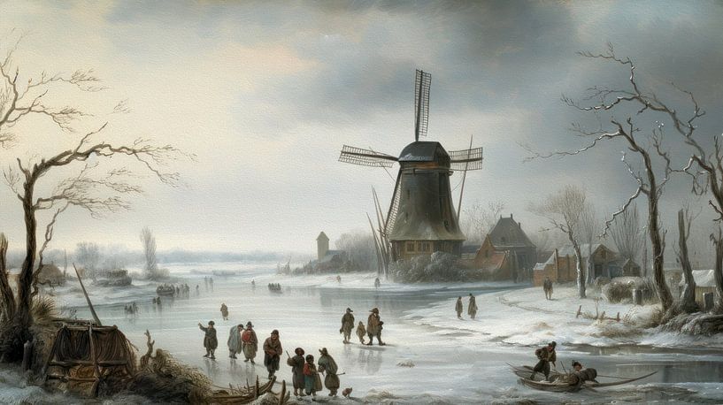 Hollands winterlandschap schilderij met molen van Preet Lambon