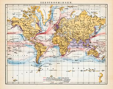 Zeestromingen, wereldkaart. Vintage kaart ca. 1900 van Studio Wunderkammer