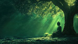 Panorama du Bouddha assis sous un arbre