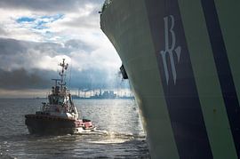 Schlepper Waterstraat in schönem Licht am Bug des LNG-Tankers von Jan Georg Meijer