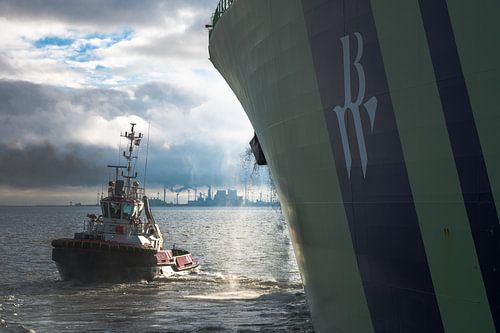 Tug Waterstraat in beautiful light at bow LNG tanker