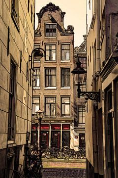 Tekening De Wallen Amsterdam Nederland  Pentekening Lijntekening Oud van Hendrik-Jan Kornelis