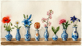Modern Stilleven: Rij Delftsblauwe vaasjes met Lentebloemen