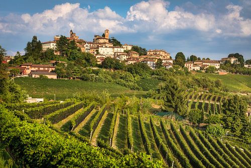 La silhouette du village de Neive et les vignobles des Langhe, Piémont, Italie