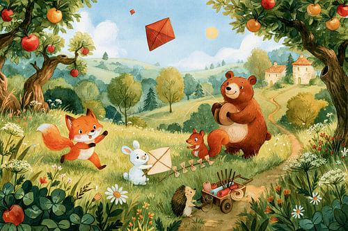 Woodland Friends – Flying kites with animals in the apple orchard