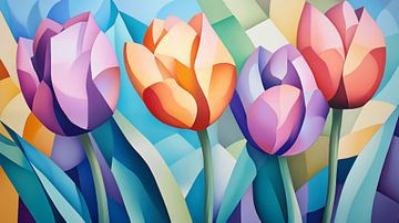 Kleurrijke tulpen in cubistische vormen van Koffie Zwart