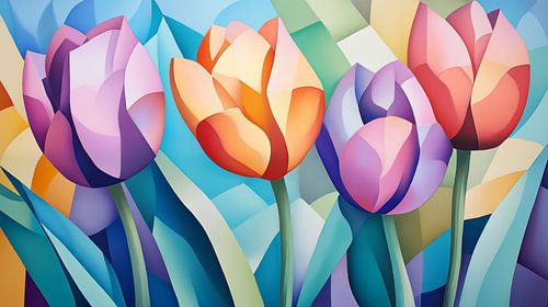 Kleurrijke tulpen in cubistische vormen