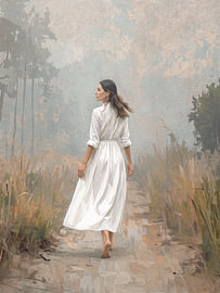 Woman on a sandy path in a tranquil, misty landscape