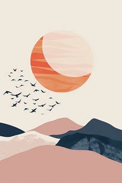 Vogels boven een surrealistisch woestijnlandschap van Poster Art Shop