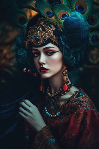 Woman with feathers on her head by Digitale Schilderijen