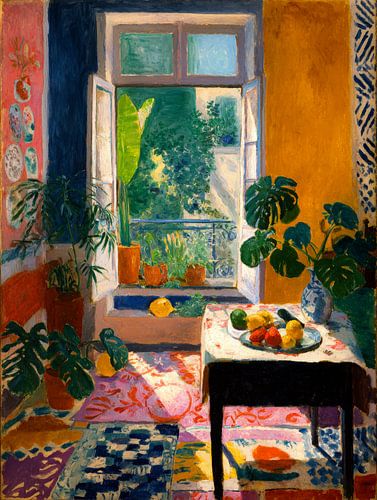 Sonniges Zimmer mit offenem Fenster und Obststillleben