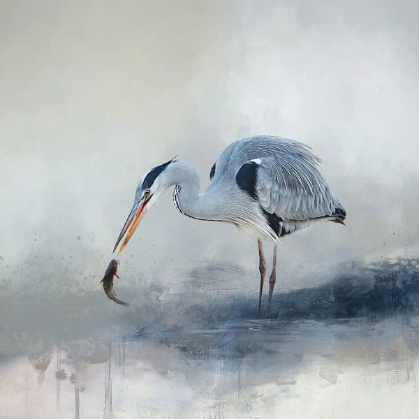Nieuwe betekenis Gezamenlijk Invloed Abstract Aquarel Schilderij Met Vogel In Blauw En Beige van Diana van  Tankeren op canvas, behang en meer
