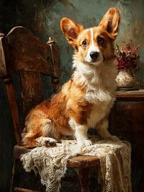 Corgi op een houten stoel in landhuisstijl van Erika Kaisersot