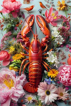 Lobster Luxe - Le CANCER rouge parmi les FLEURS sur Marianne Ottemann - OTTI