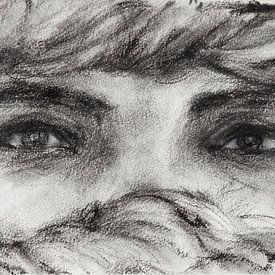Portrait with the dark eyes of a Tuareg. Hand-drawn with charcoal. by Ineke de Rijk