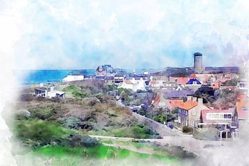 Watercolour painting, view of Domburg from the west side. by Danny de Klerk