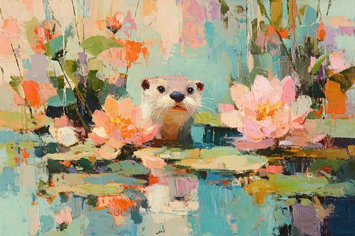 Cute otter in blossom water