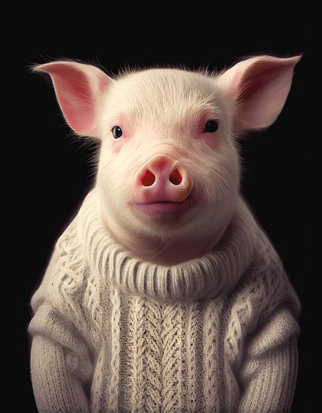 Portret van een varken gekleed in een warme trui van Vlindertuin-Art