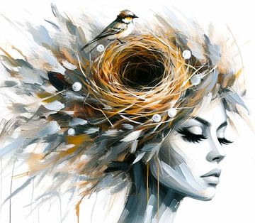 Abstract portrait of woman with bird's nest in her hair. ( 2 ) by Ineke de Rijk