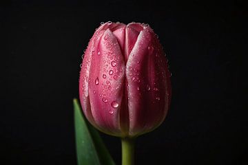 Tulipe rose avec rosée sur fond noir sur De Muurdecoratie