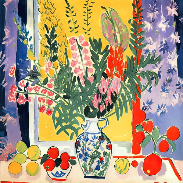 Semi-abstract painting of summer flower bouquet in vase. by Vlindertuin-Art