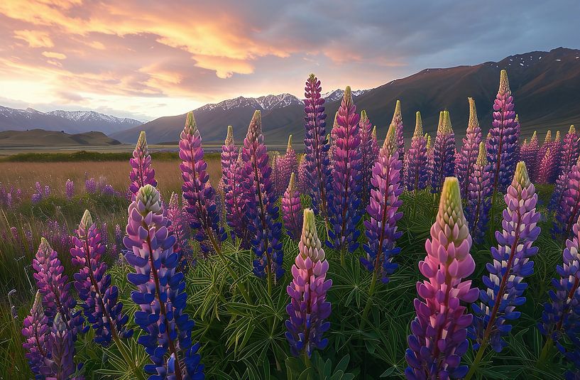 Lupinen bij zonsondergang van fernlichtsicht